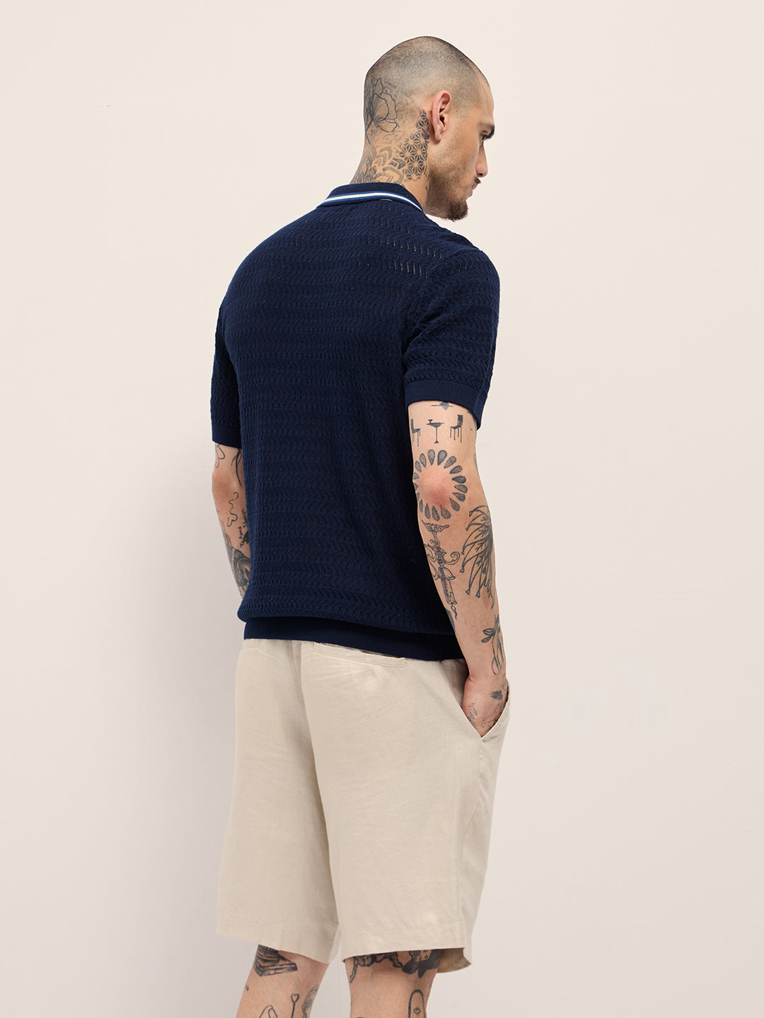 Men Navy Blue Textured Knit Design Regular Fit Polo
