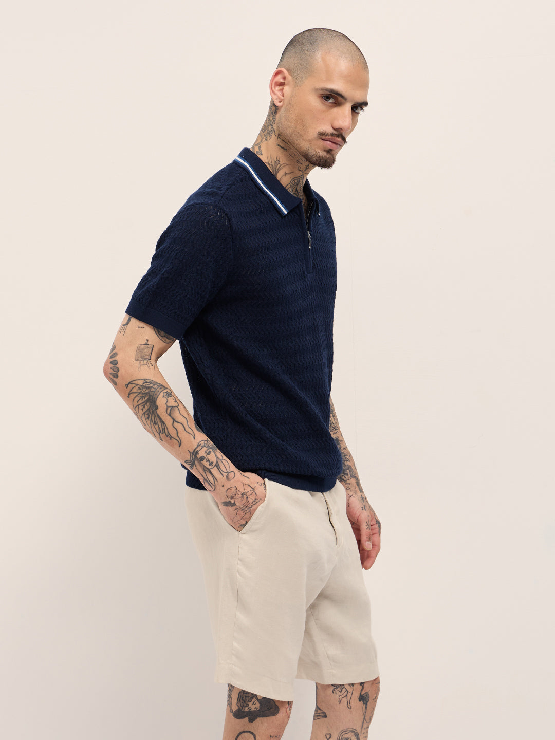 Men Navy Blue Textured Knit Design Regular Fit Polo