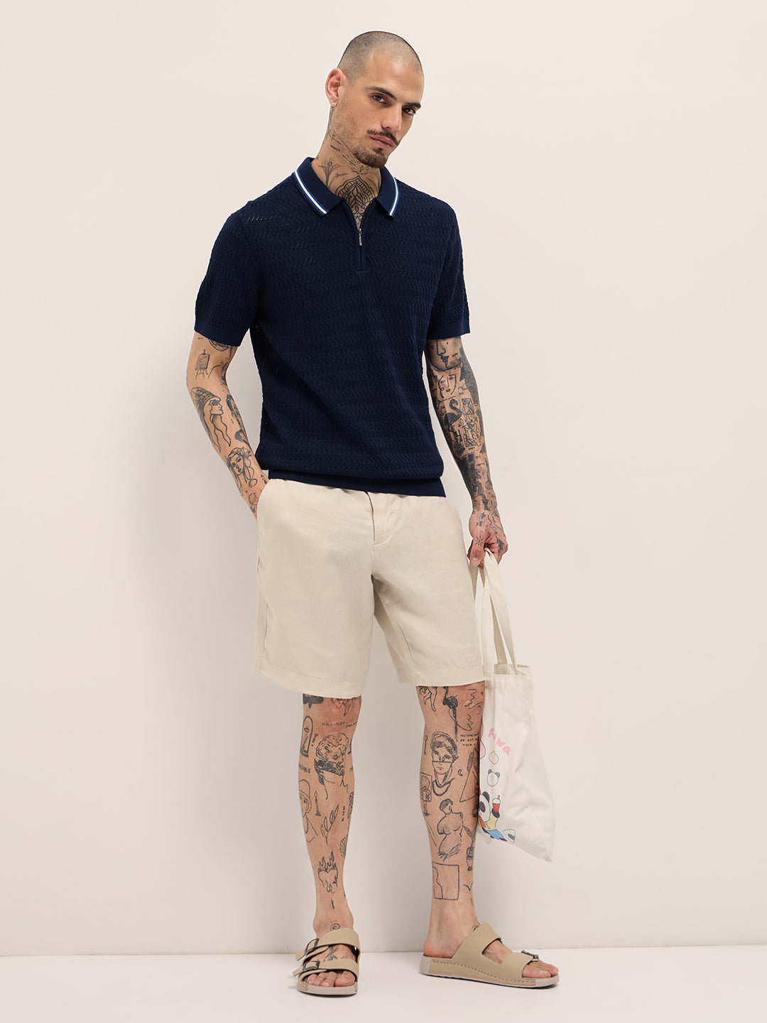 Men Navy Blue Textured Knit Design Regular Fit Polo