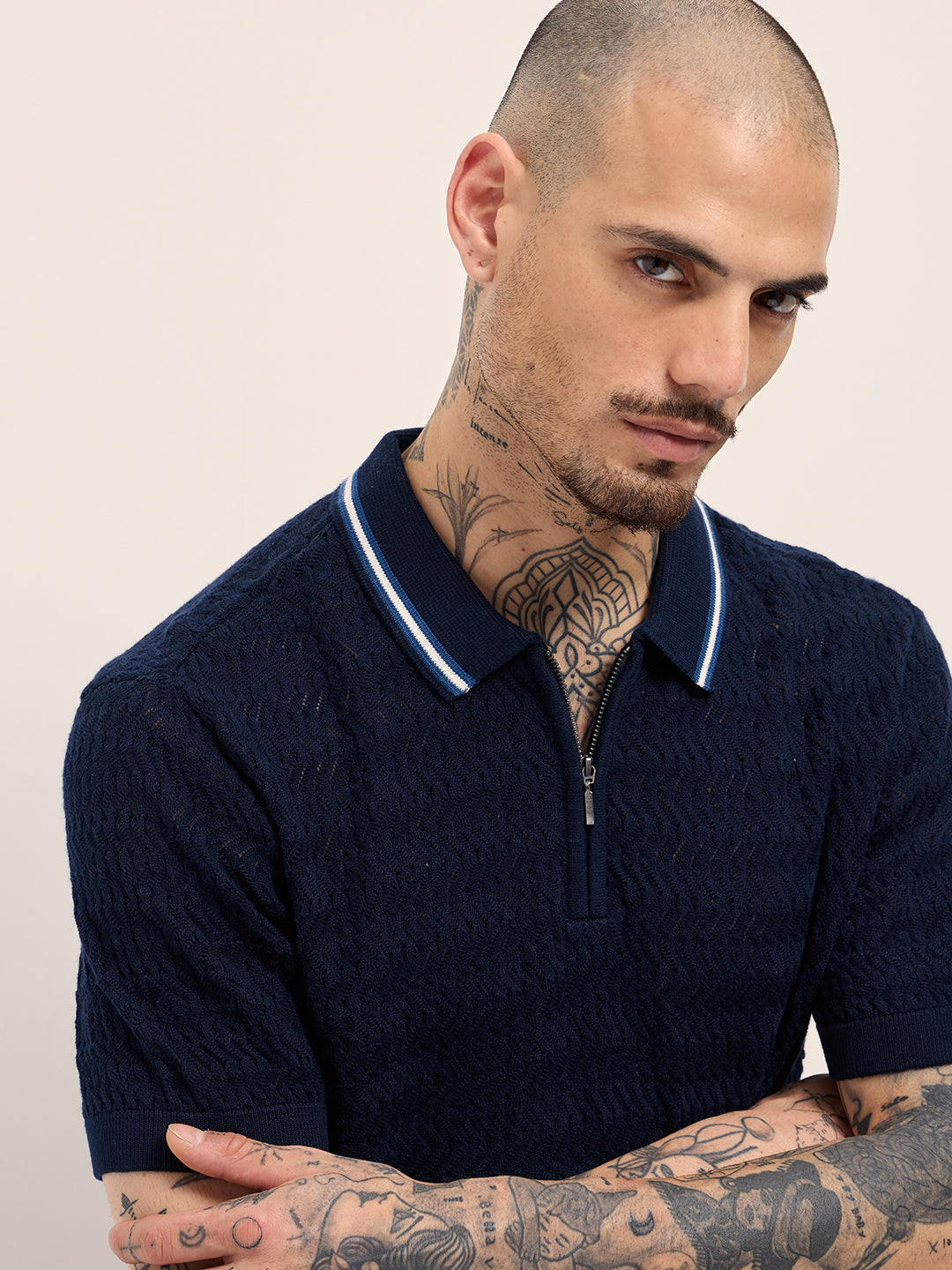 Men Navy Blue Textured Knit Design Regular Fit Polo