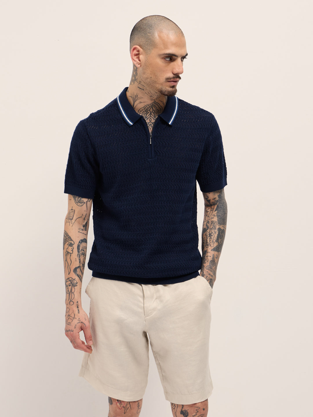 Men Navy Blue Textured Knit Design Regular Fit Polo