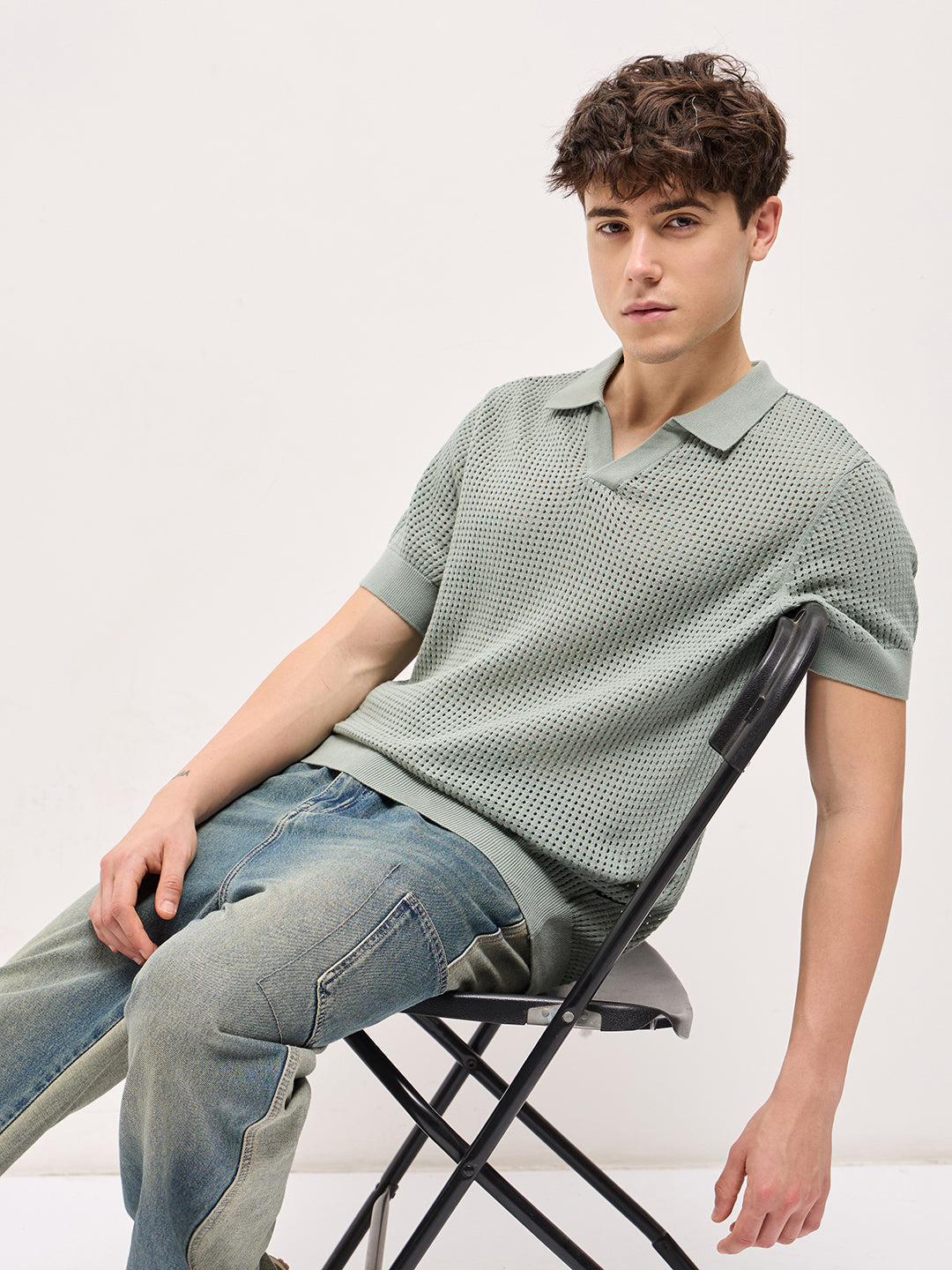 Men Sage Green Textured Knit Regular Fit Polo T-shirt
