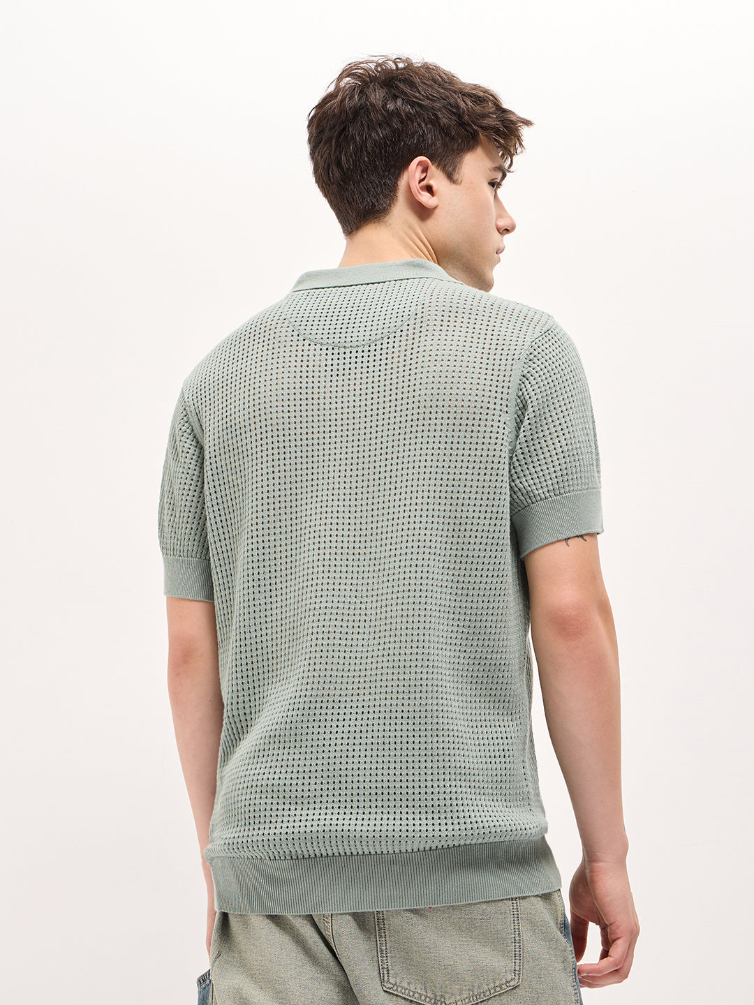Men Sage Green Textured Knit Regular Fit Polo T-shirt