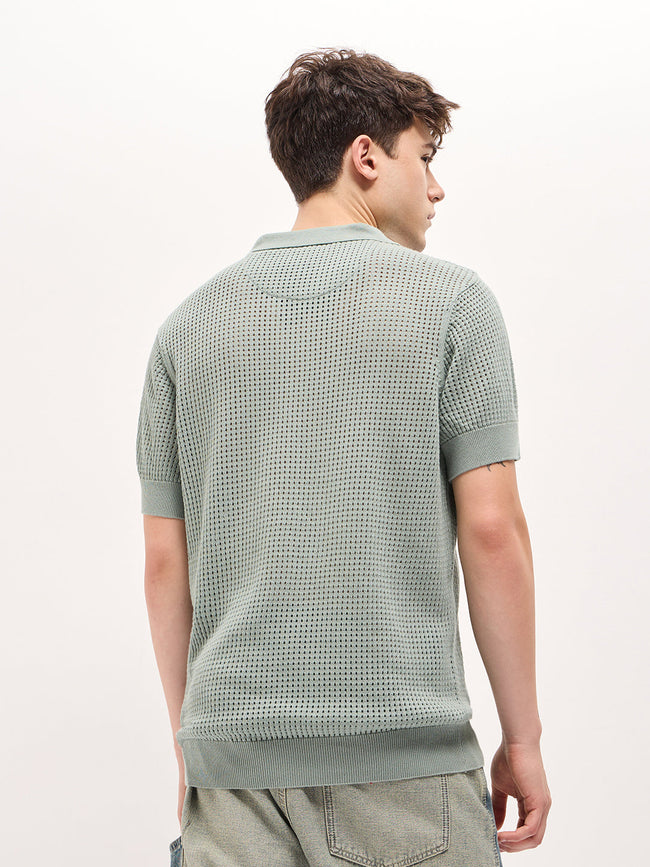 Men Sage Green Textured Knit Regular Fit Polo T-shirt