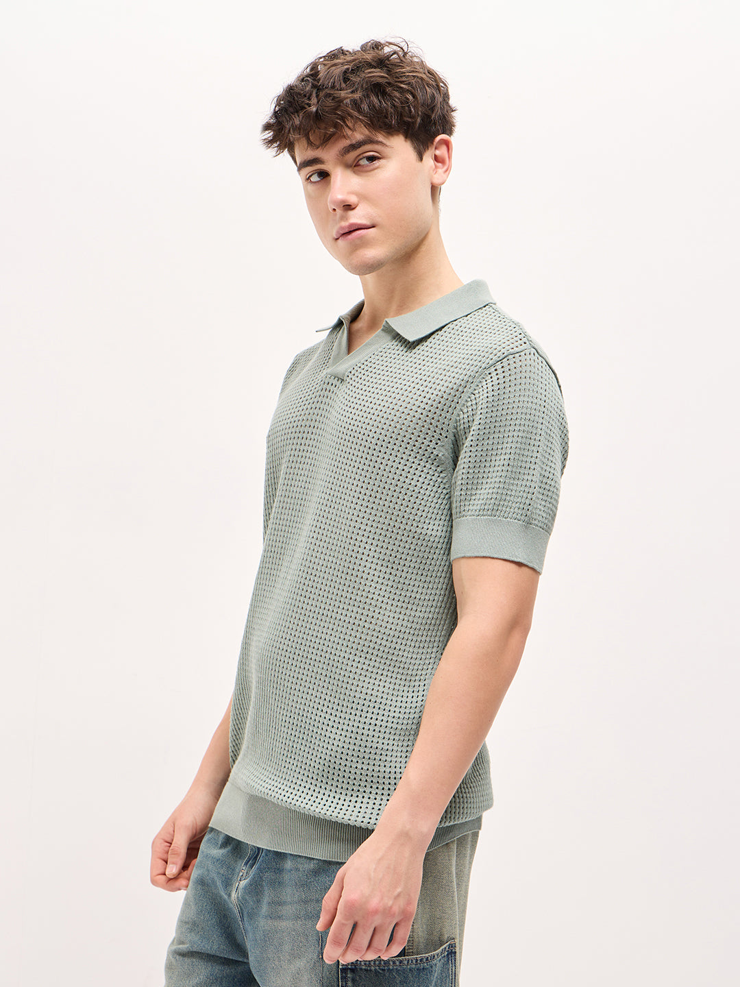 Men Sage Green Textured Knit Regular Fit Polo T-shirt