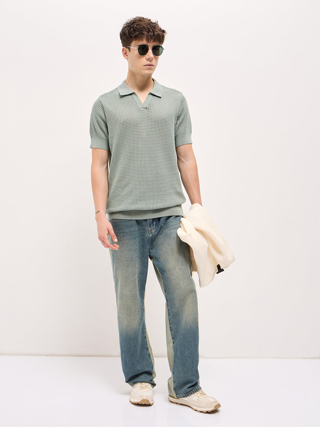 Men Sage Green Textured Knit Regular Fit Polo T-shirt