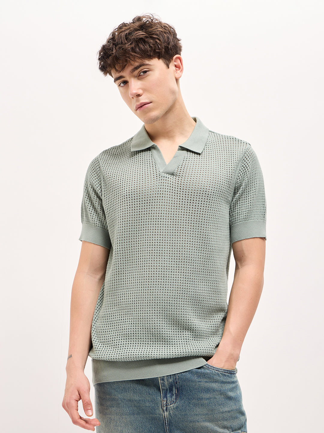 Men Sage Green Textured Knit Regular Fit Polo T-shirt