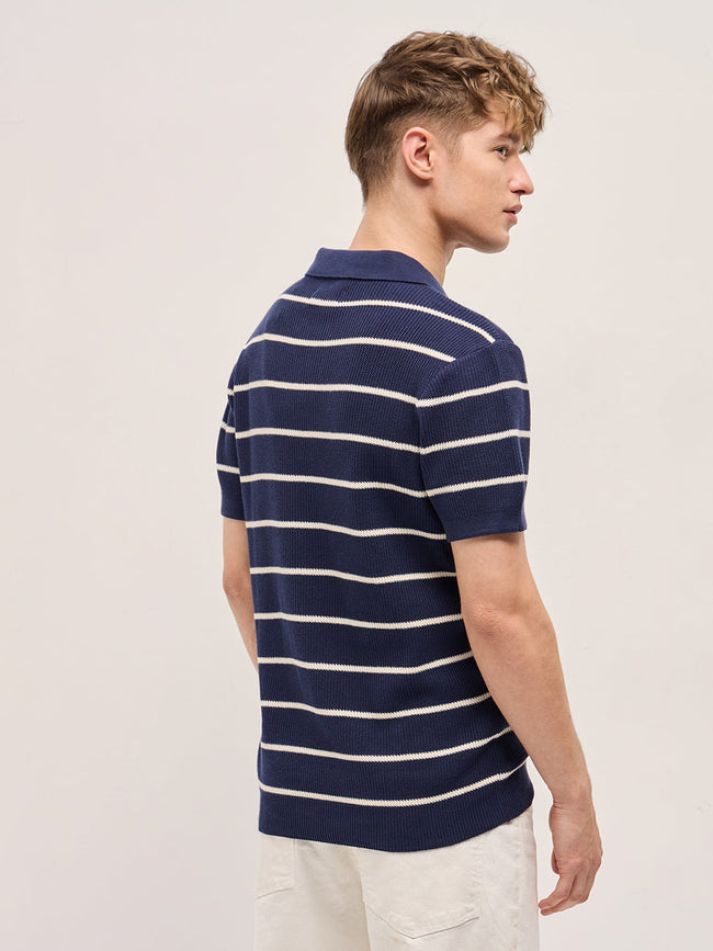 Men Navy Blue Texture Horizontal Stripes Slim Fit Polo