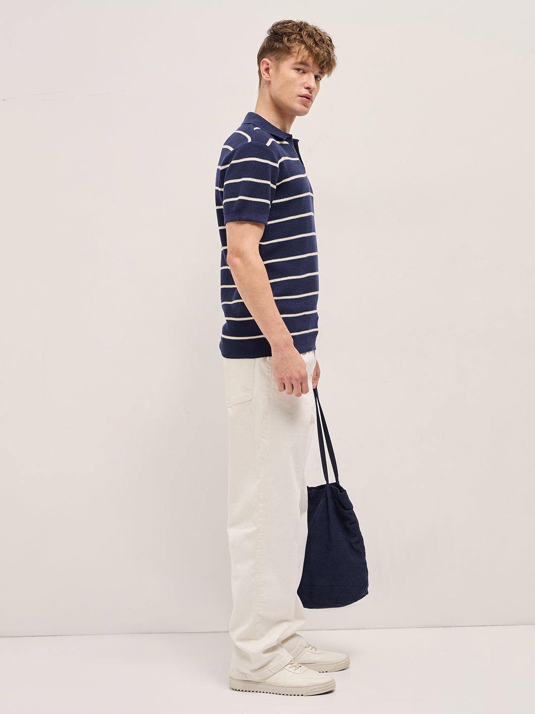 Men Navy Blue Texture Horizontal Stripes Slim Fit Polo