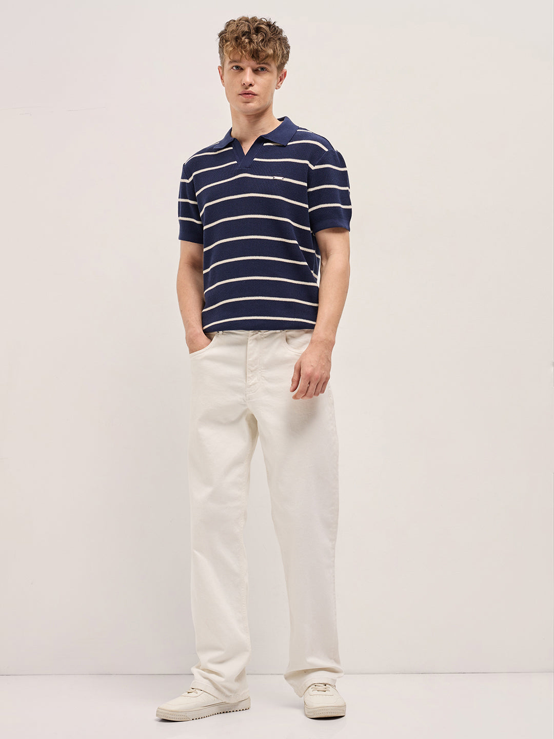 Men Navy Blue Texture Horizontal Stripes Slim Fit Polo