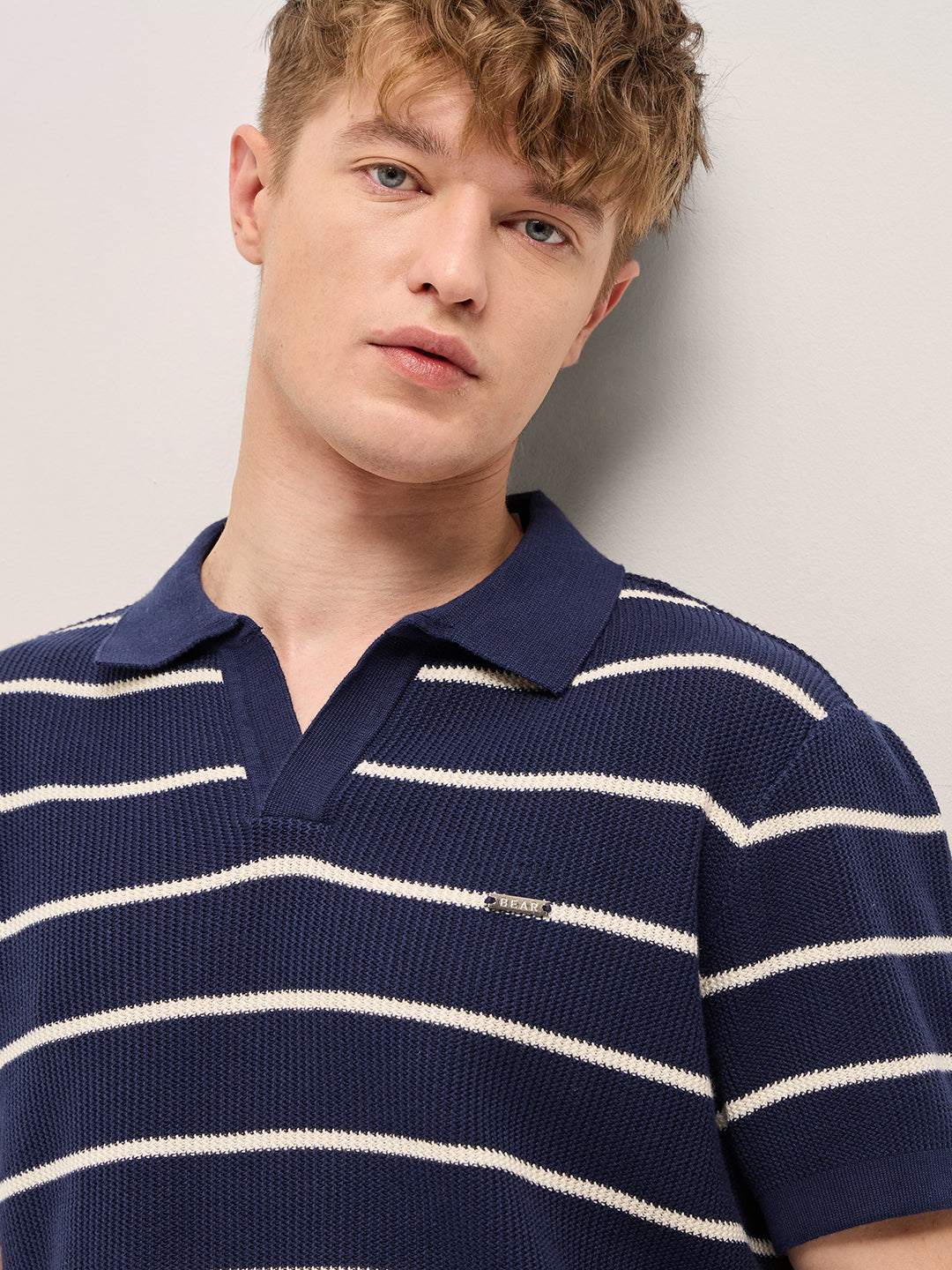 Men Navy Blue Texture Horizontal Stripes Slim Fit Polo