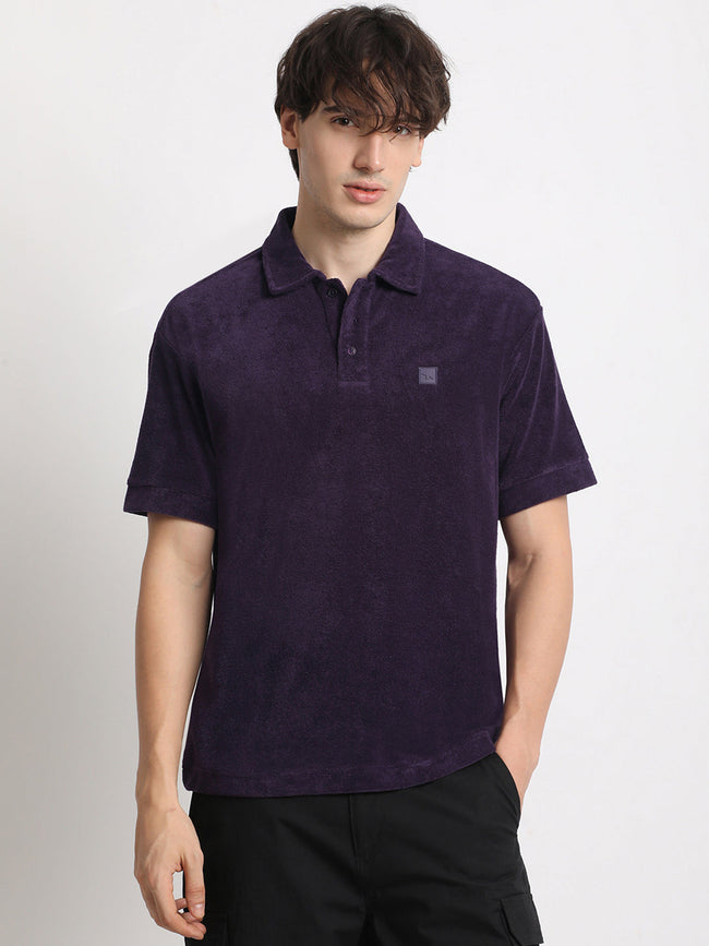 Men  Purple Solid Relaxed Fit Polo T-shirt