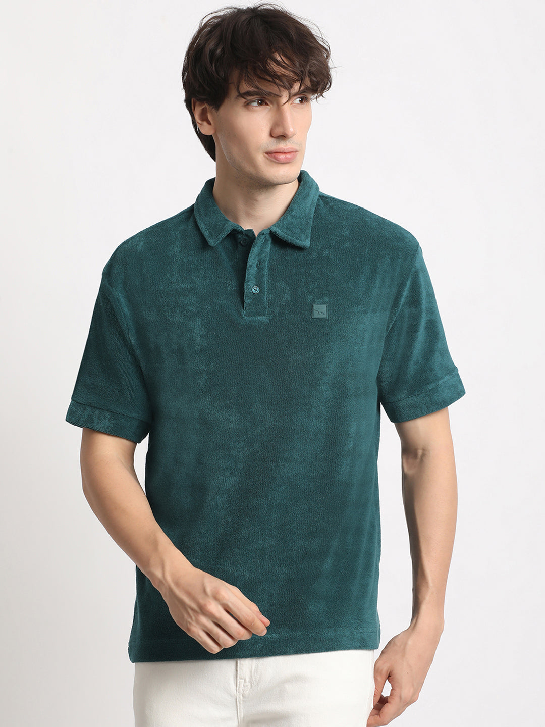 Men  Teal Solid Relaxed Fit Polo T-shirt