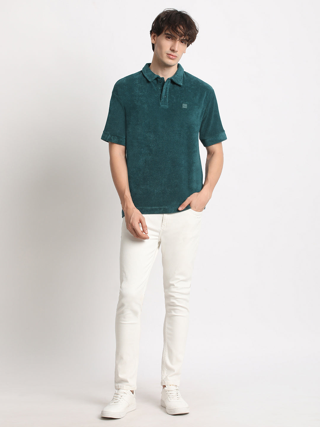 Men  Teal Solid Relaxed Fit Polo T-shirt