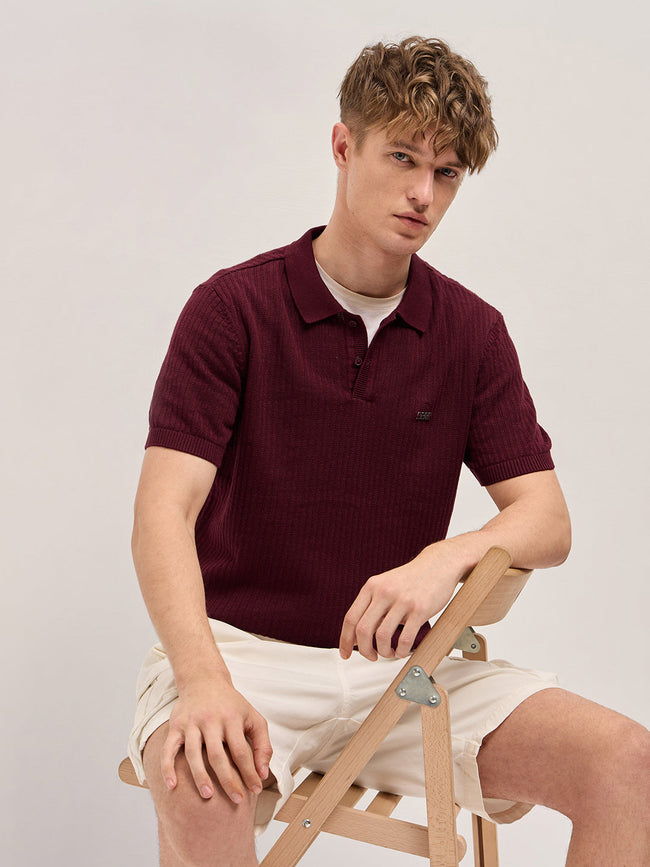 Men Maroon Ribbed Texture Design Slim Fit Polo