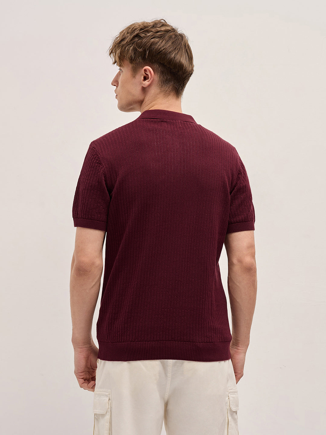 Men Maroon Ribbed Texture Design Slim Fit Polo