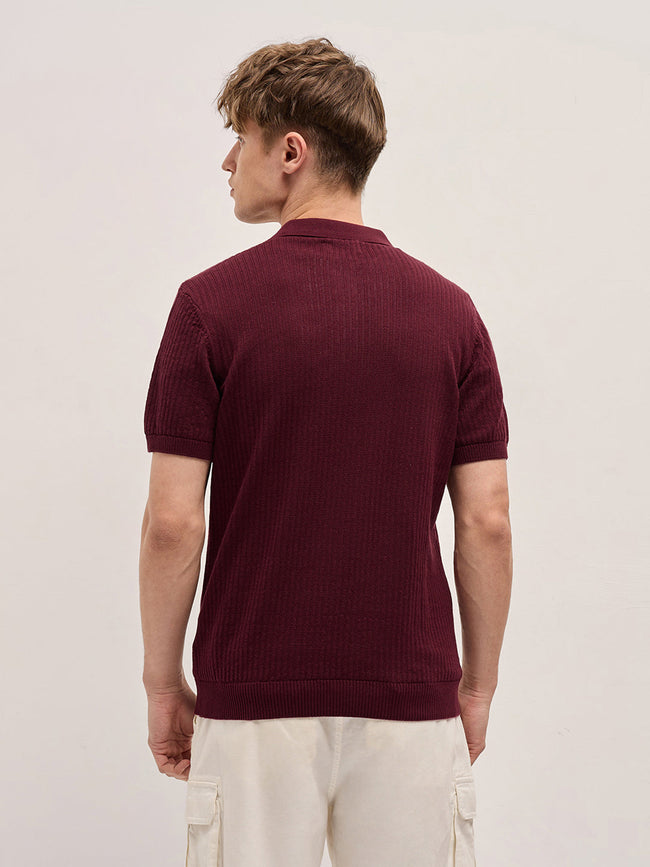 Men Maroon Ribbed Texture Design Slim Fit Polo
