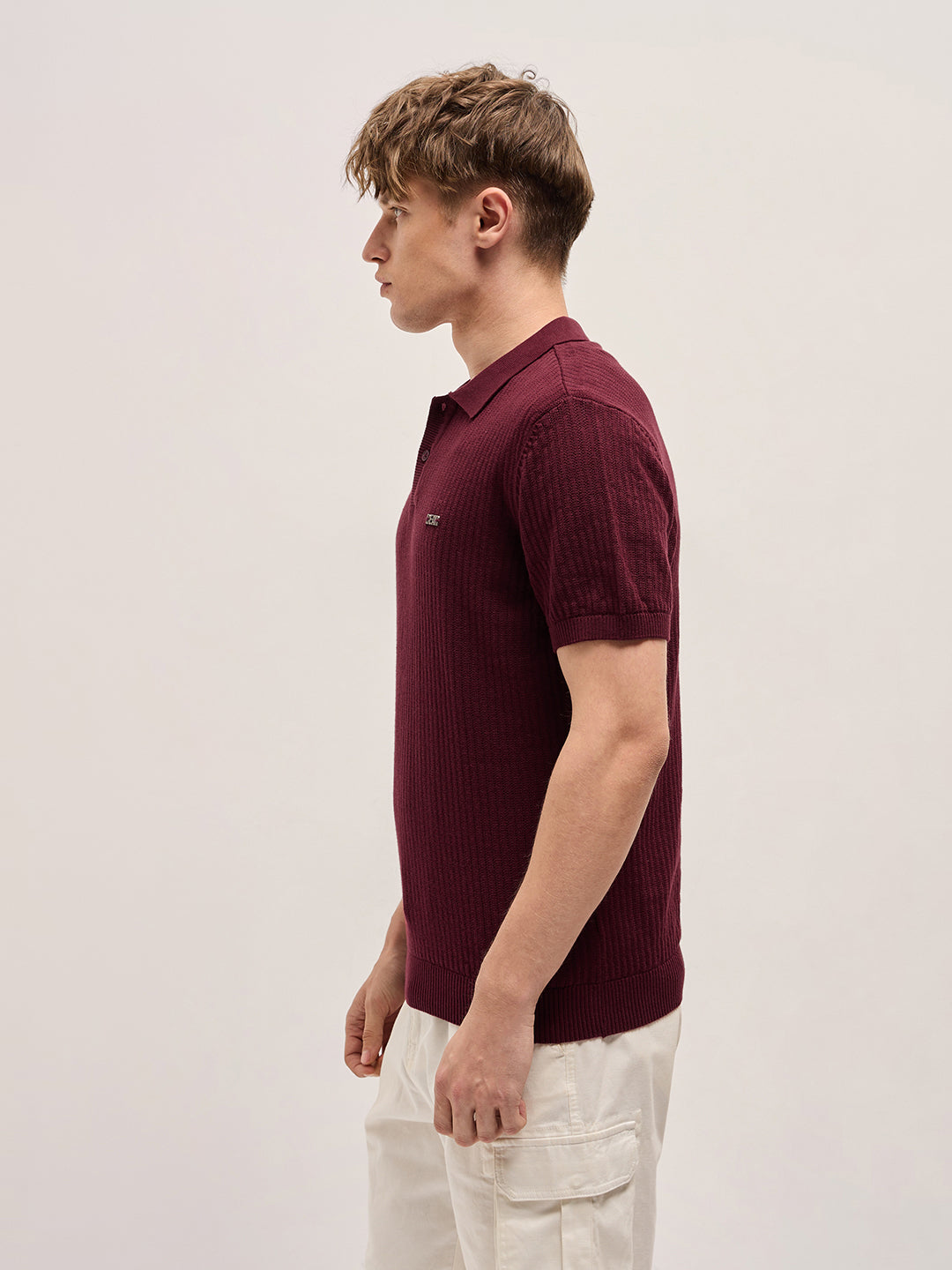 Men Maroon Ribbed Texture Design Slim Fit Polo