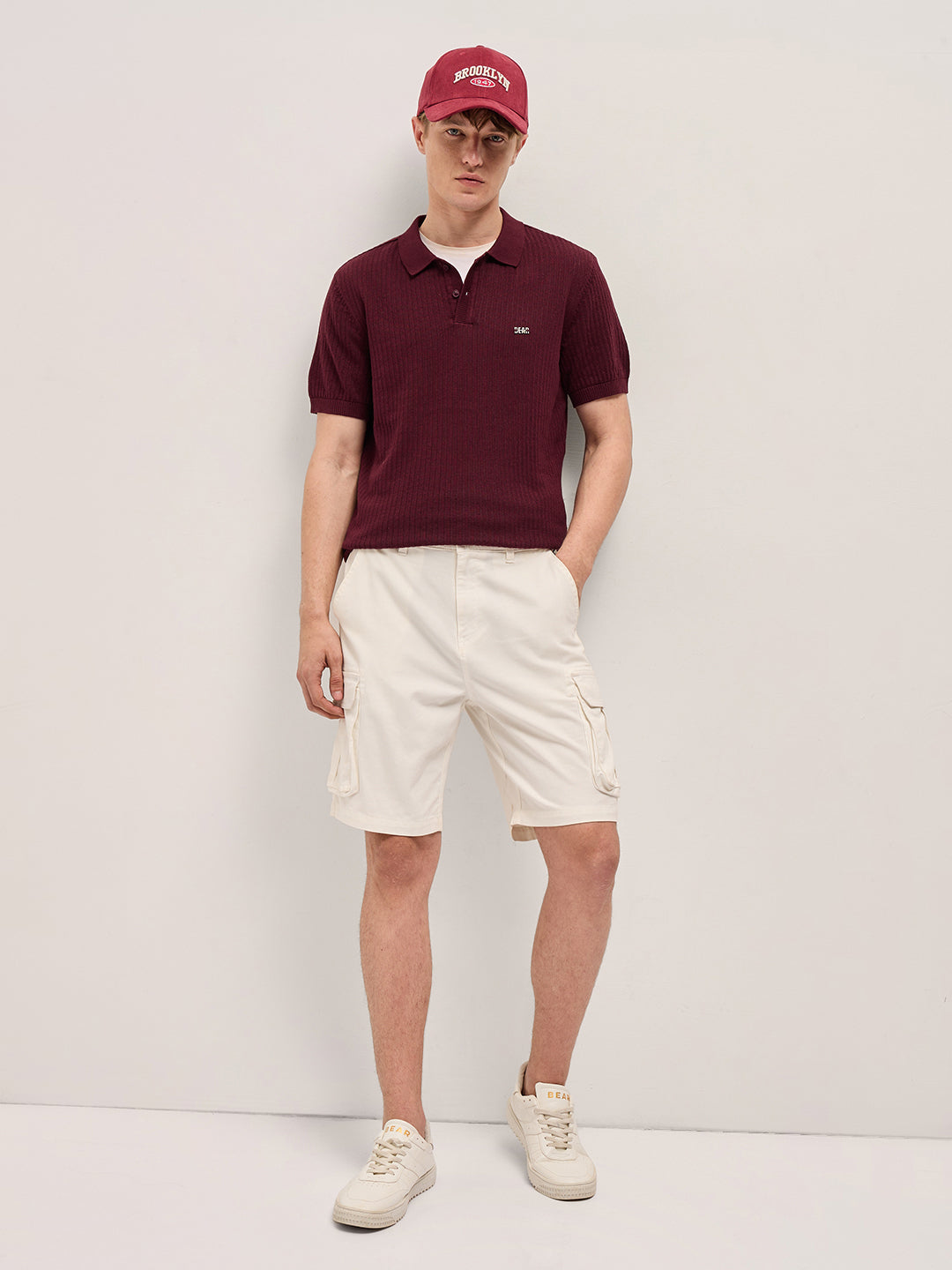Men Maroon Ribbed Texture Design Slim Fit Polo