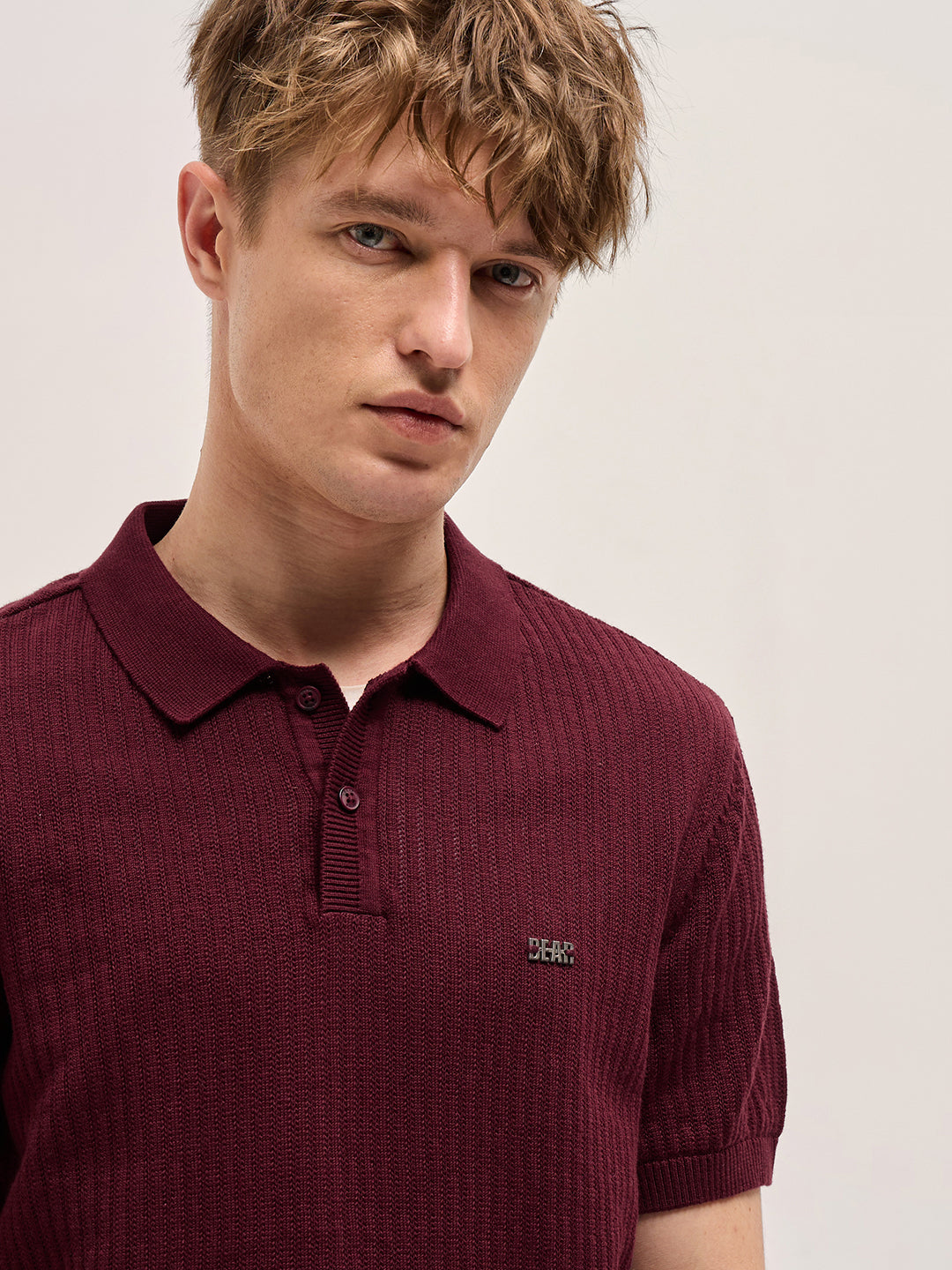 Men Maroon Ribbed Texture Design Slim Fit Polo