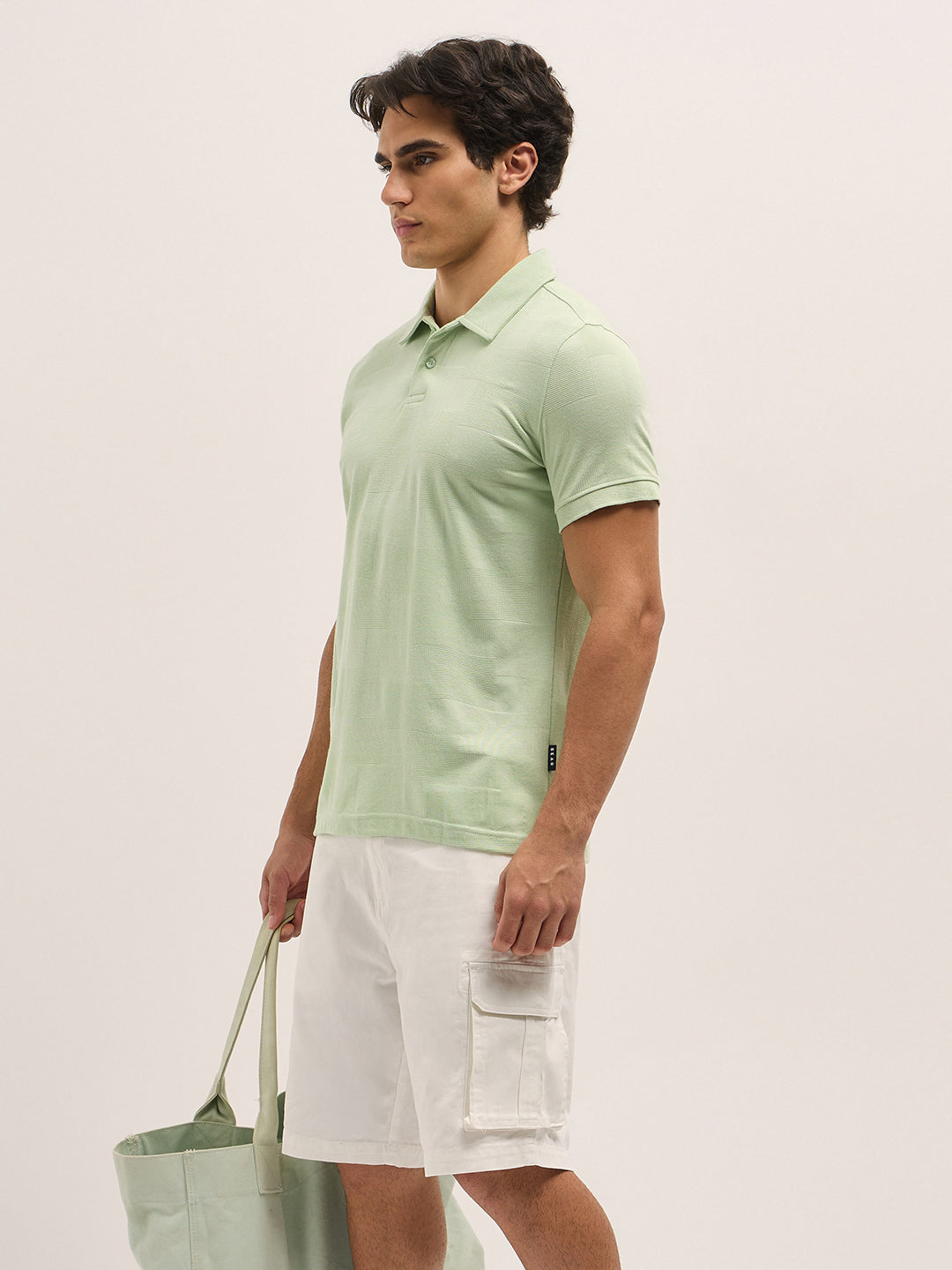 Men Light Green Textured checkered Slim Fit Polo