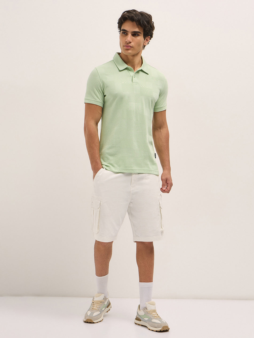 Men Light Green Textured checkered Slim Fit Polo
