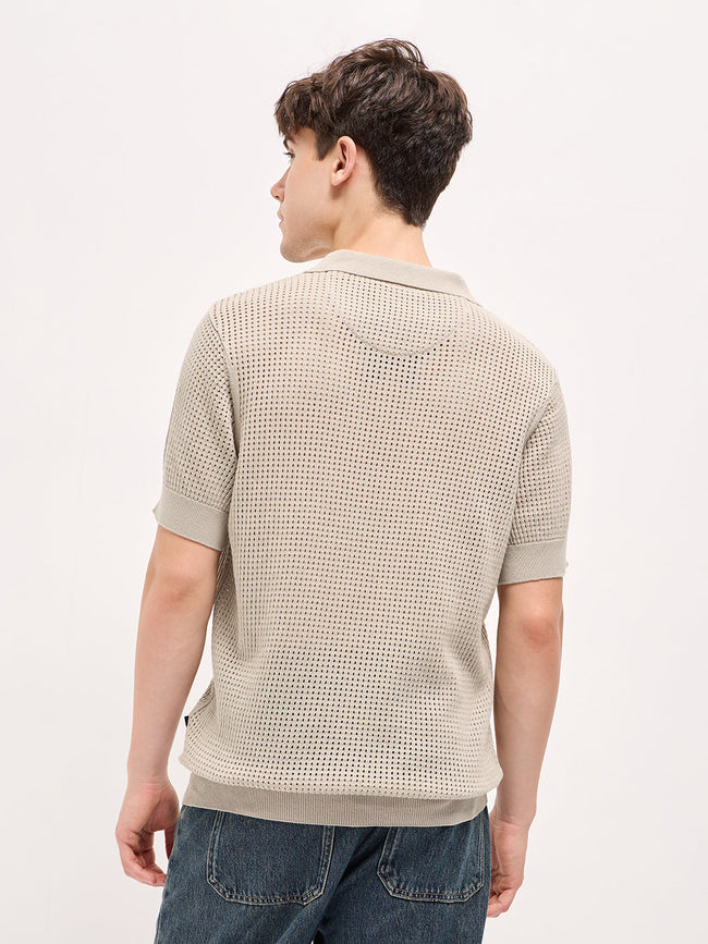 Men Beige Textured Knit Regular Fit Polo T-shirt