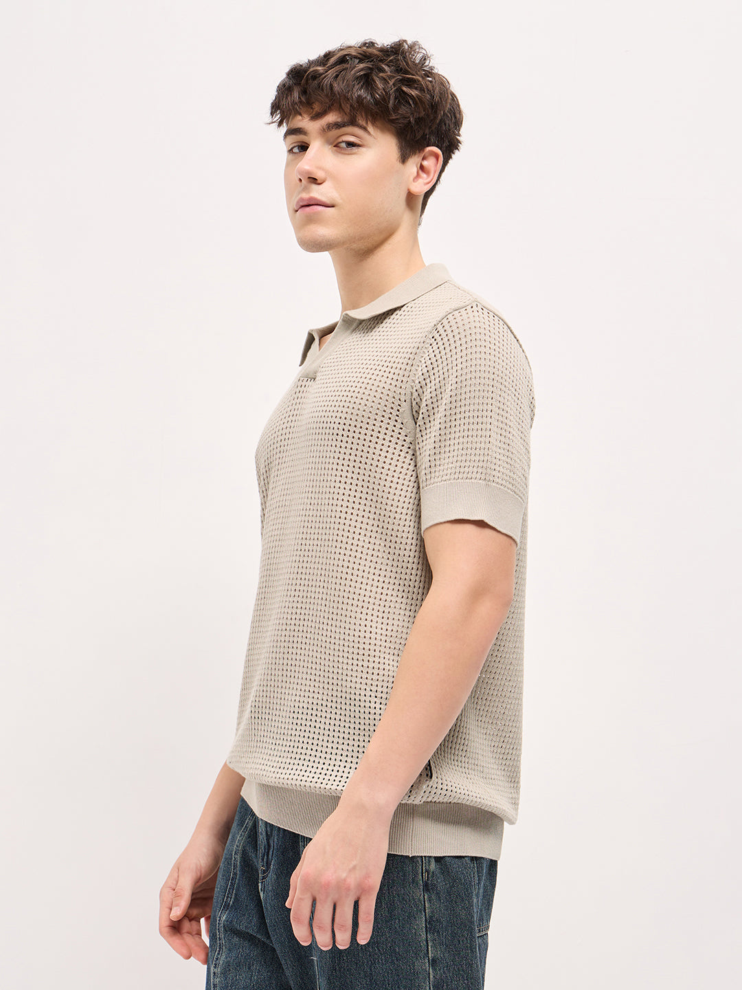 Men Beige Textured Knit Regular Fit Polo T-shirt