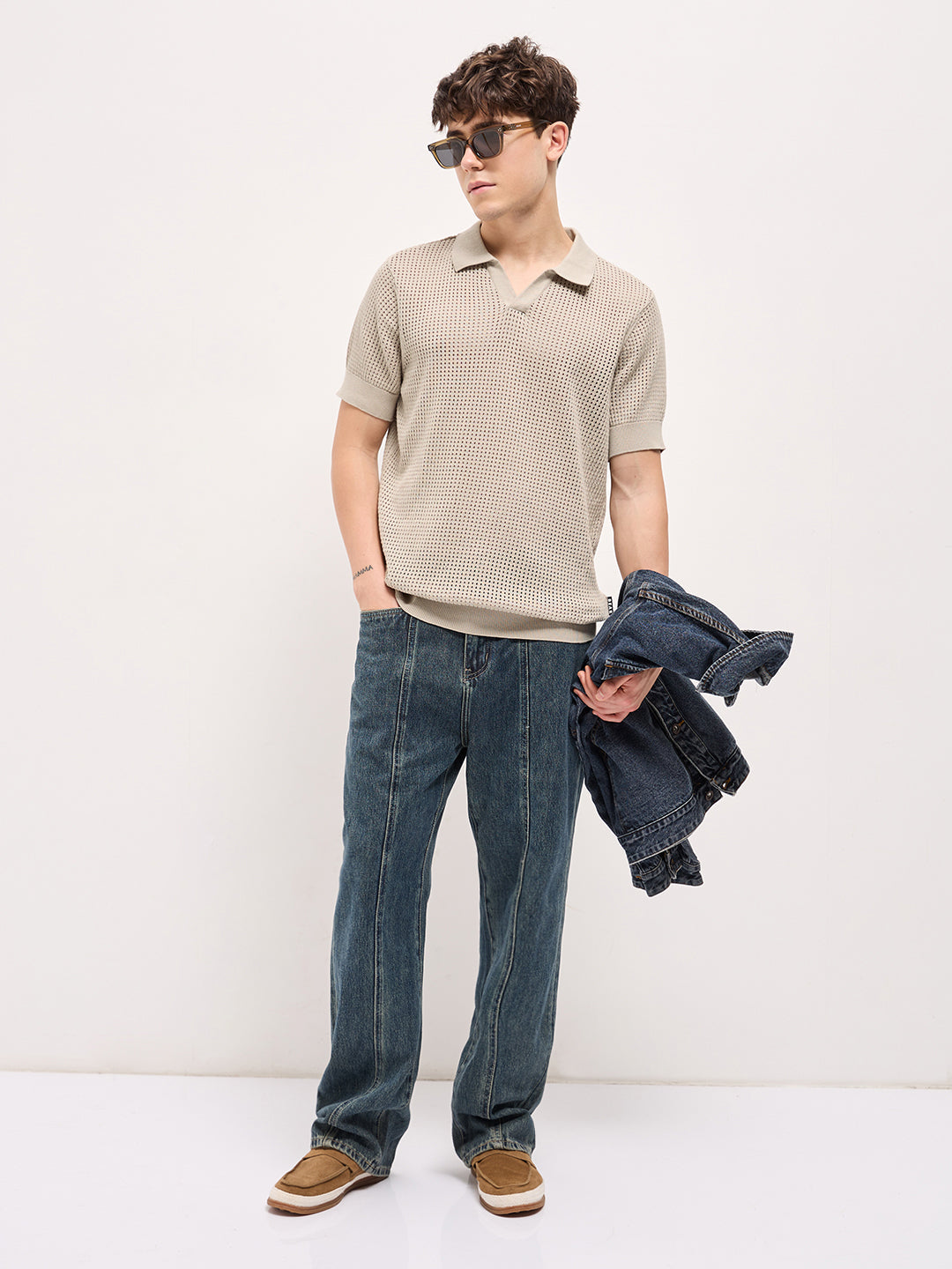 Men Beige Textured Knit Regular Fit Polo T-shirt