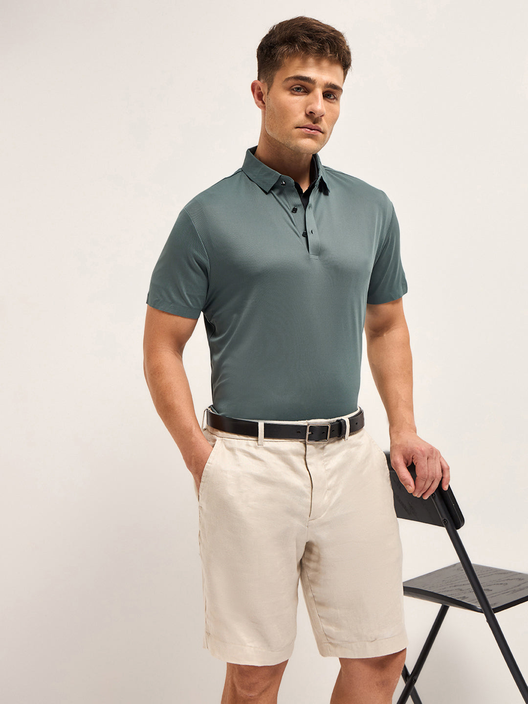 Men Celadon Blue Self Design Slim Fit Classic Polo T-shirt
