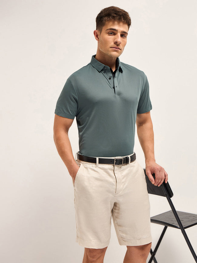 Men Celadon Blue Self Design Slim Fit Classic Polo T-shirt