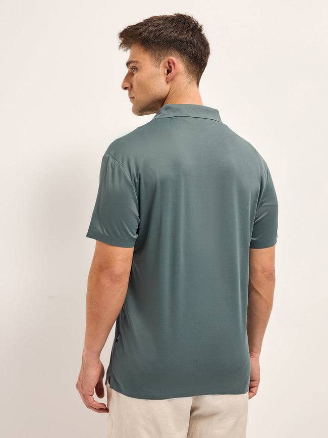 Men Celadon Blue Self Design Slim Fit Classic Polo T-shirt