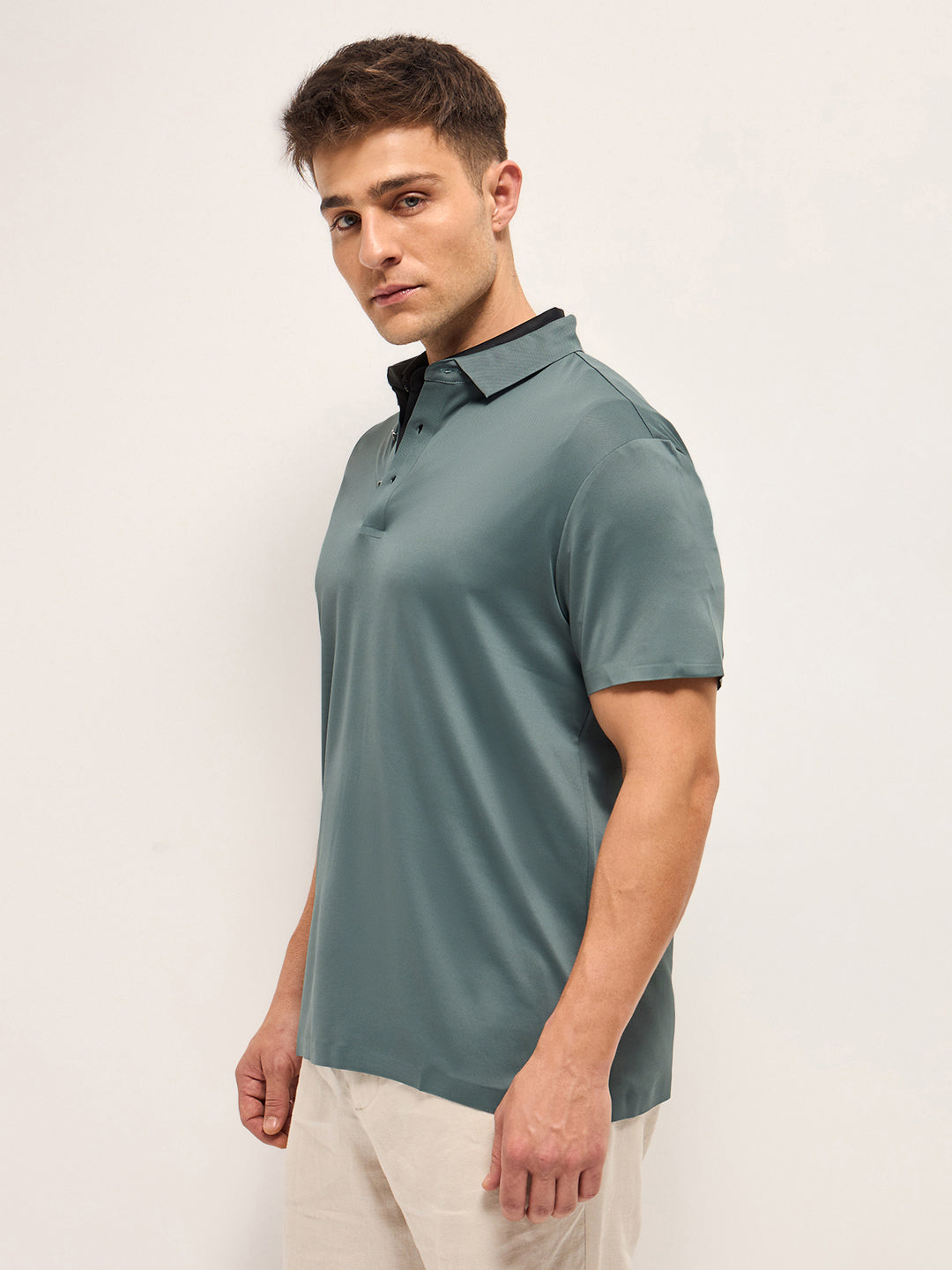 Men Celadon Blue Self Design Slim Fit Classic Polo T-shirt