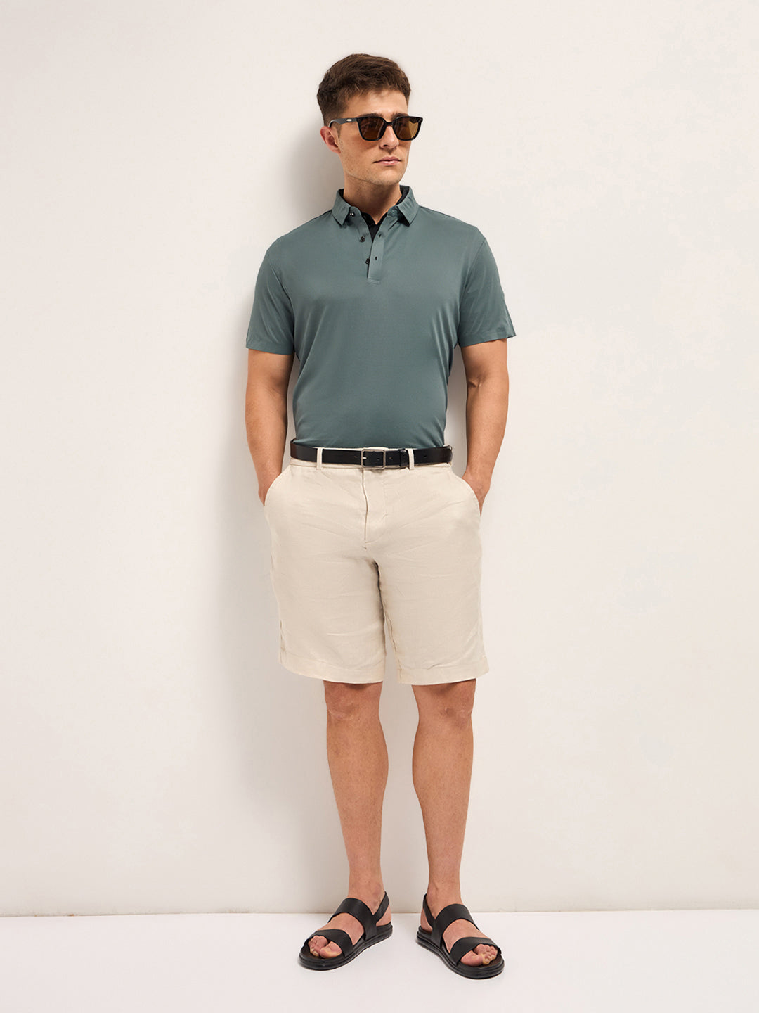 Men Celadon Blue Self Design Slim Fit Classic Polo T-shirt