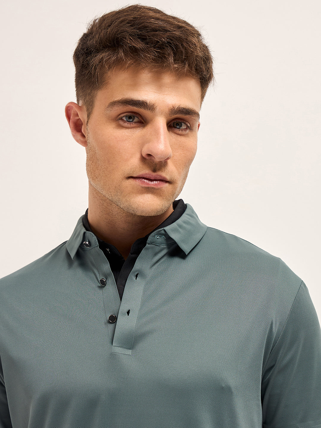 Men Celadon Blue Self Design Slim Fit Classic Polo T-shirt