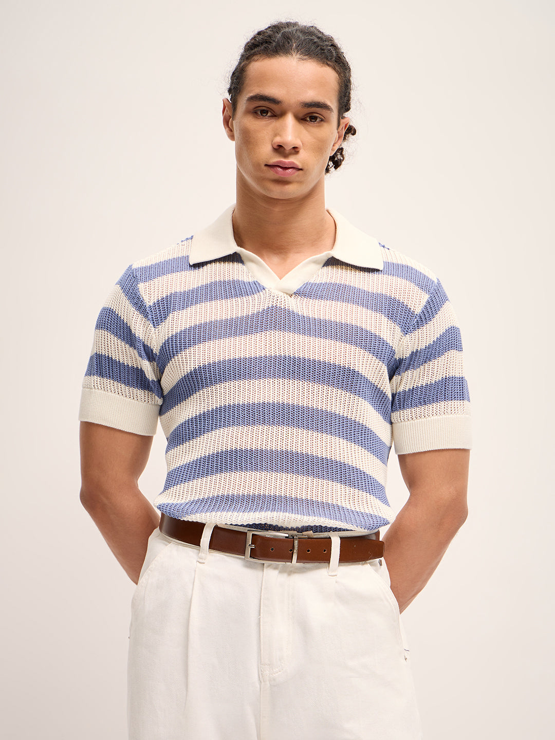 Men PurpleWhite Horizontal Textured stripes Regular Fit Polo
