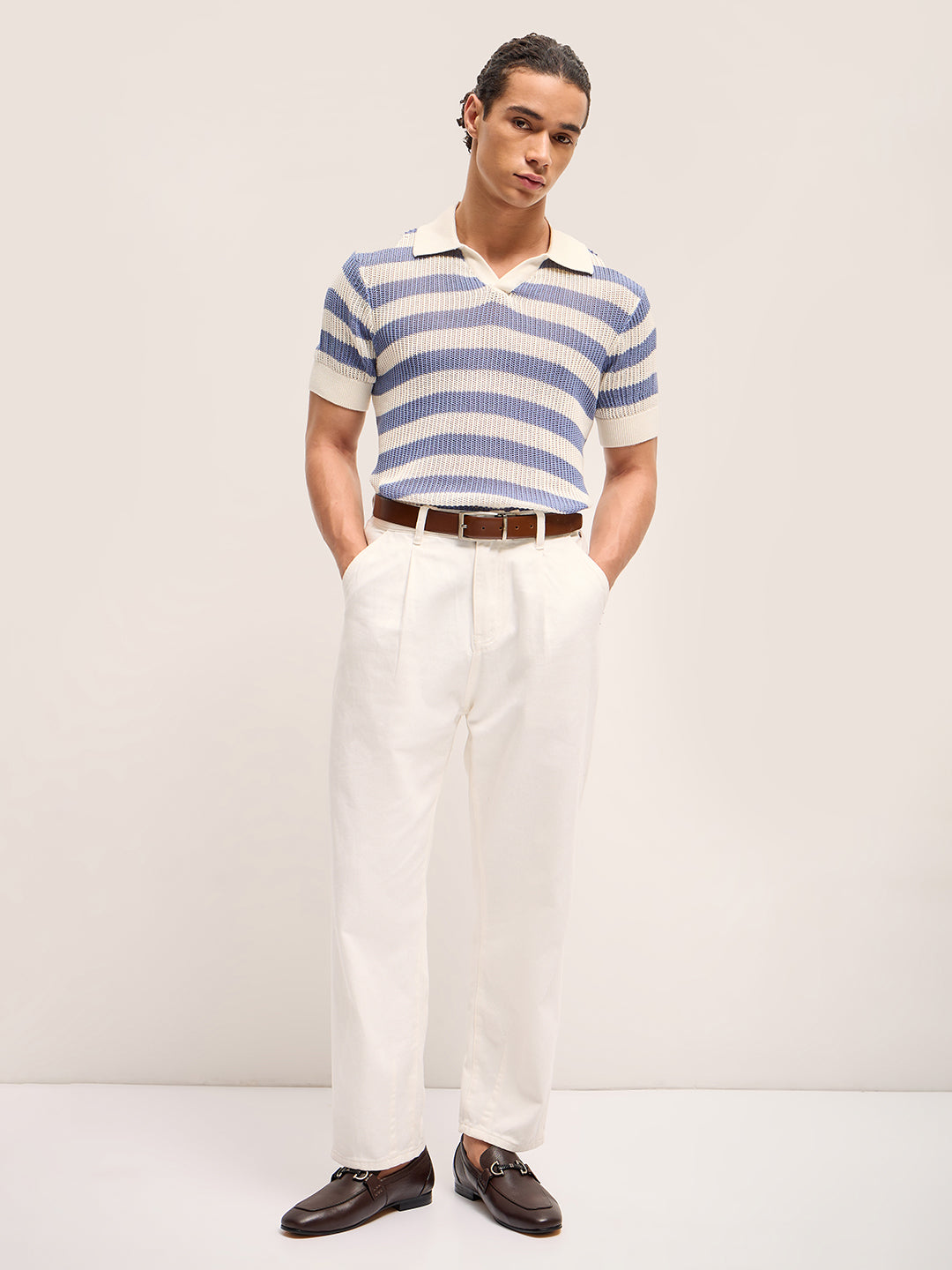 Men PurpleWhite Horizontal Textured stripes Regular Fit Polo