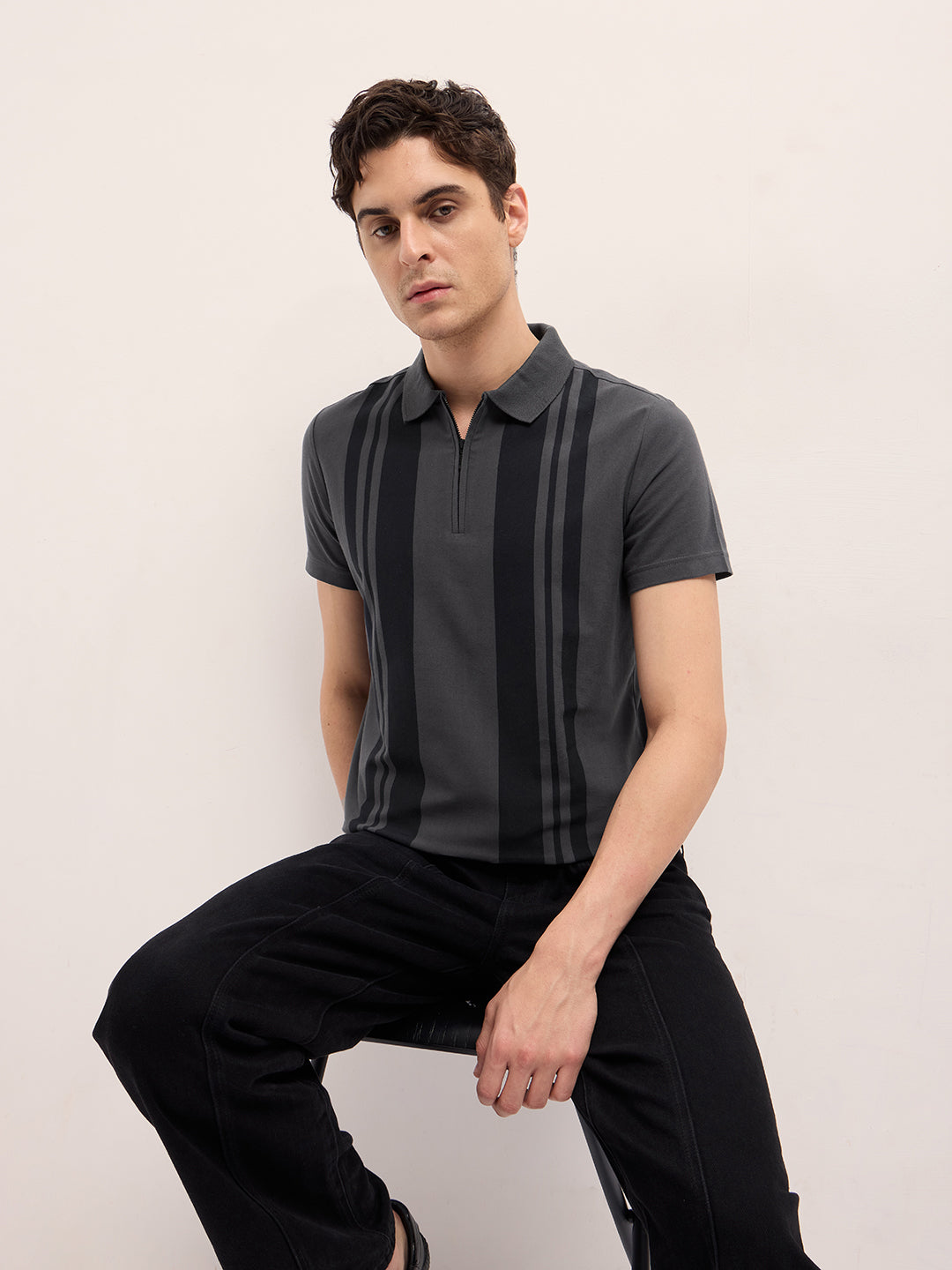 Men Grey Stripe Design Regular Fit Polo