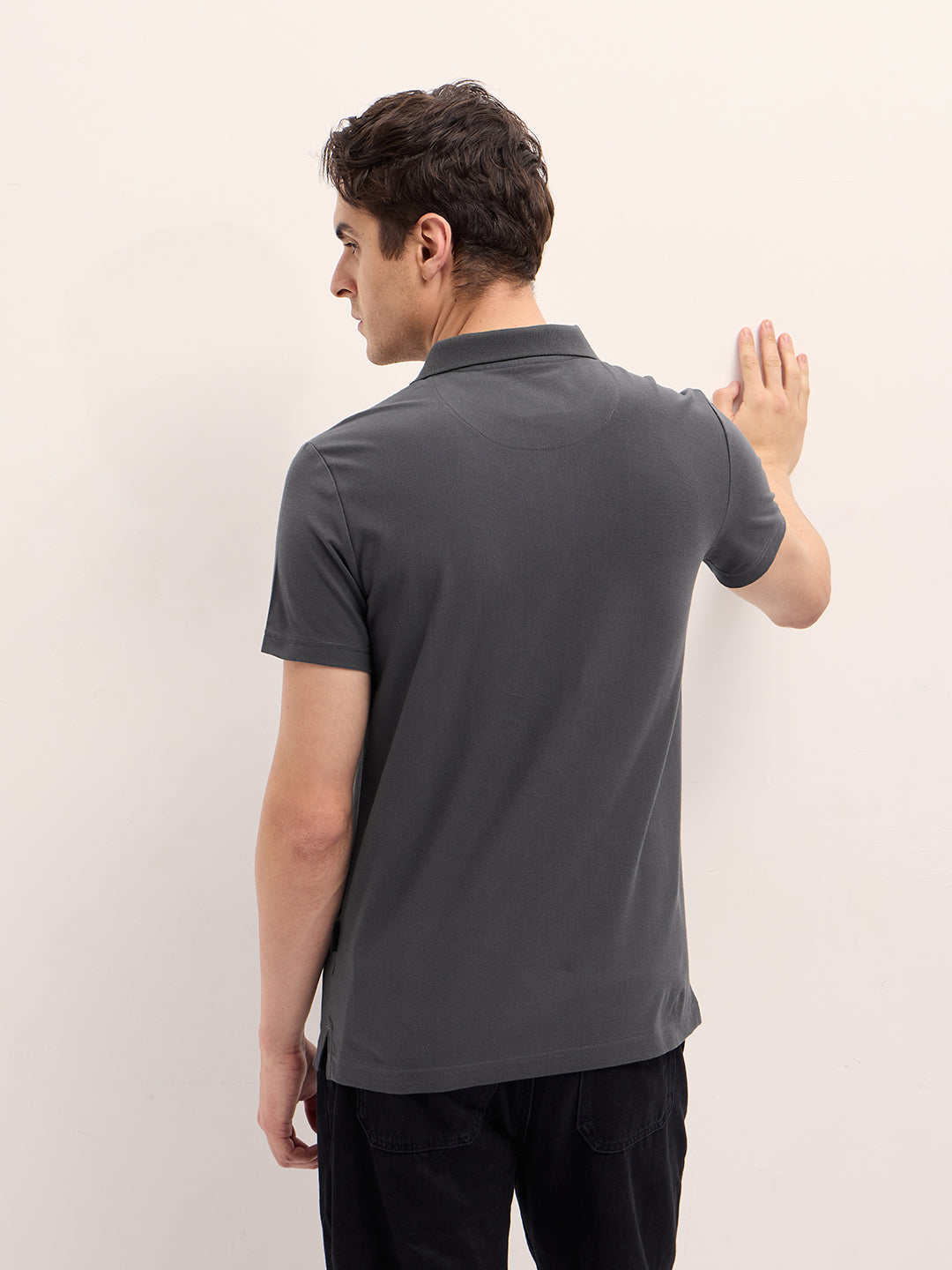 Men Grey Stripe Design Regular Fit Polo