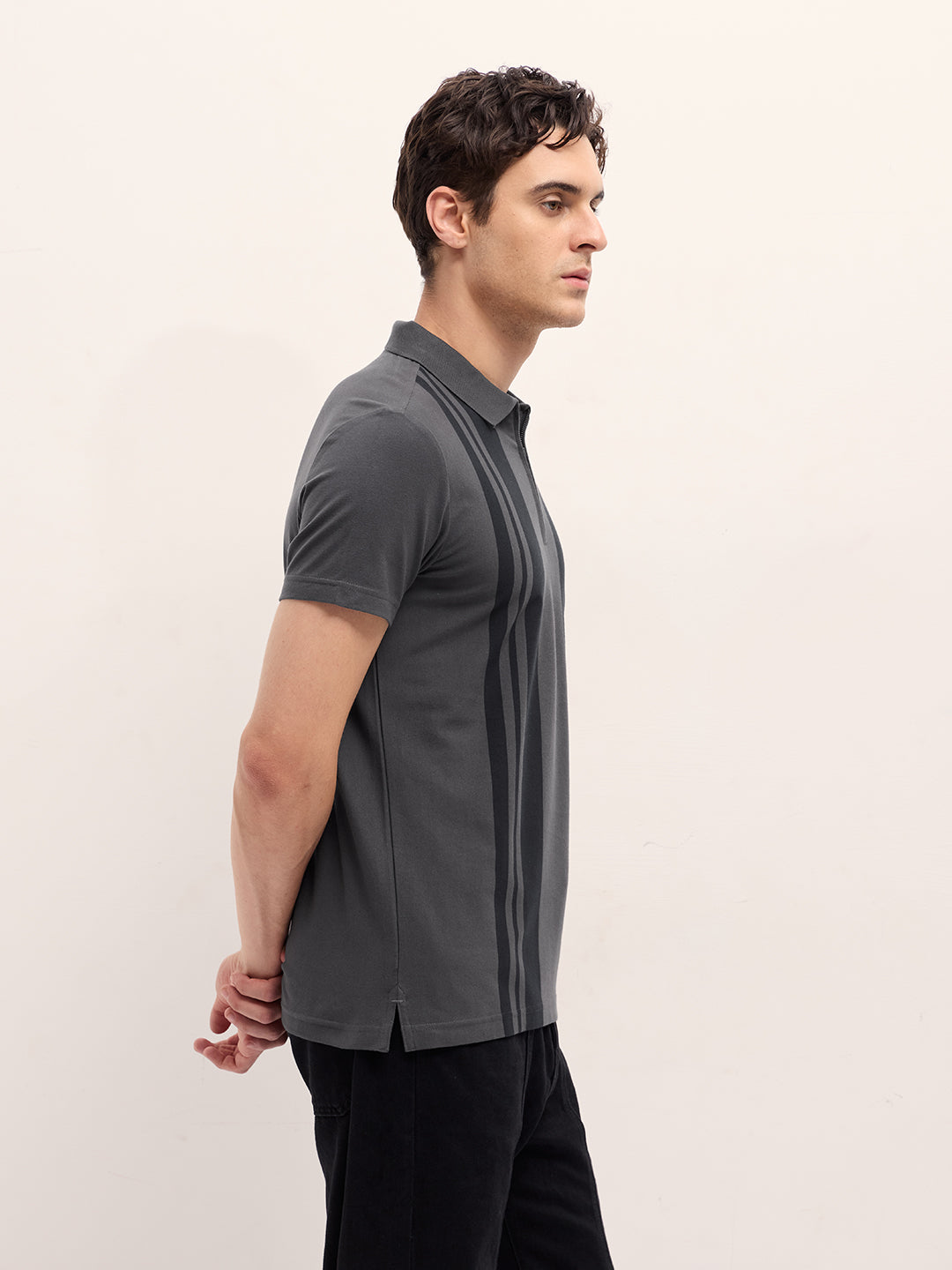 Men Grey Stripe Design Regular Fit Polo