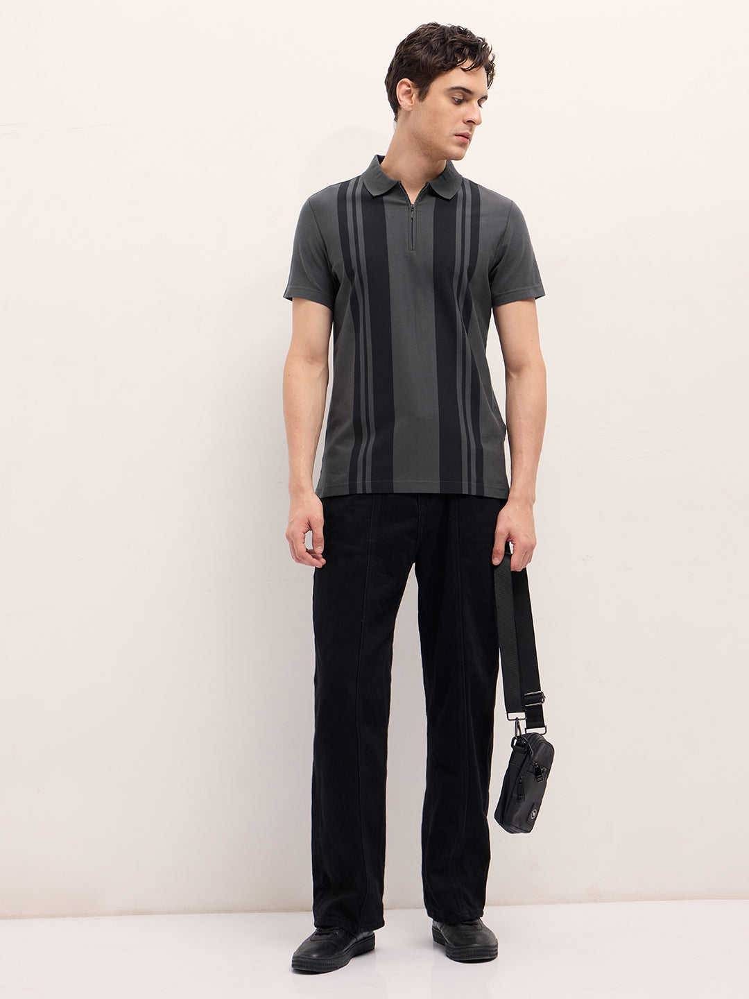 Men Grey Stripe Design Regular Fit Polo