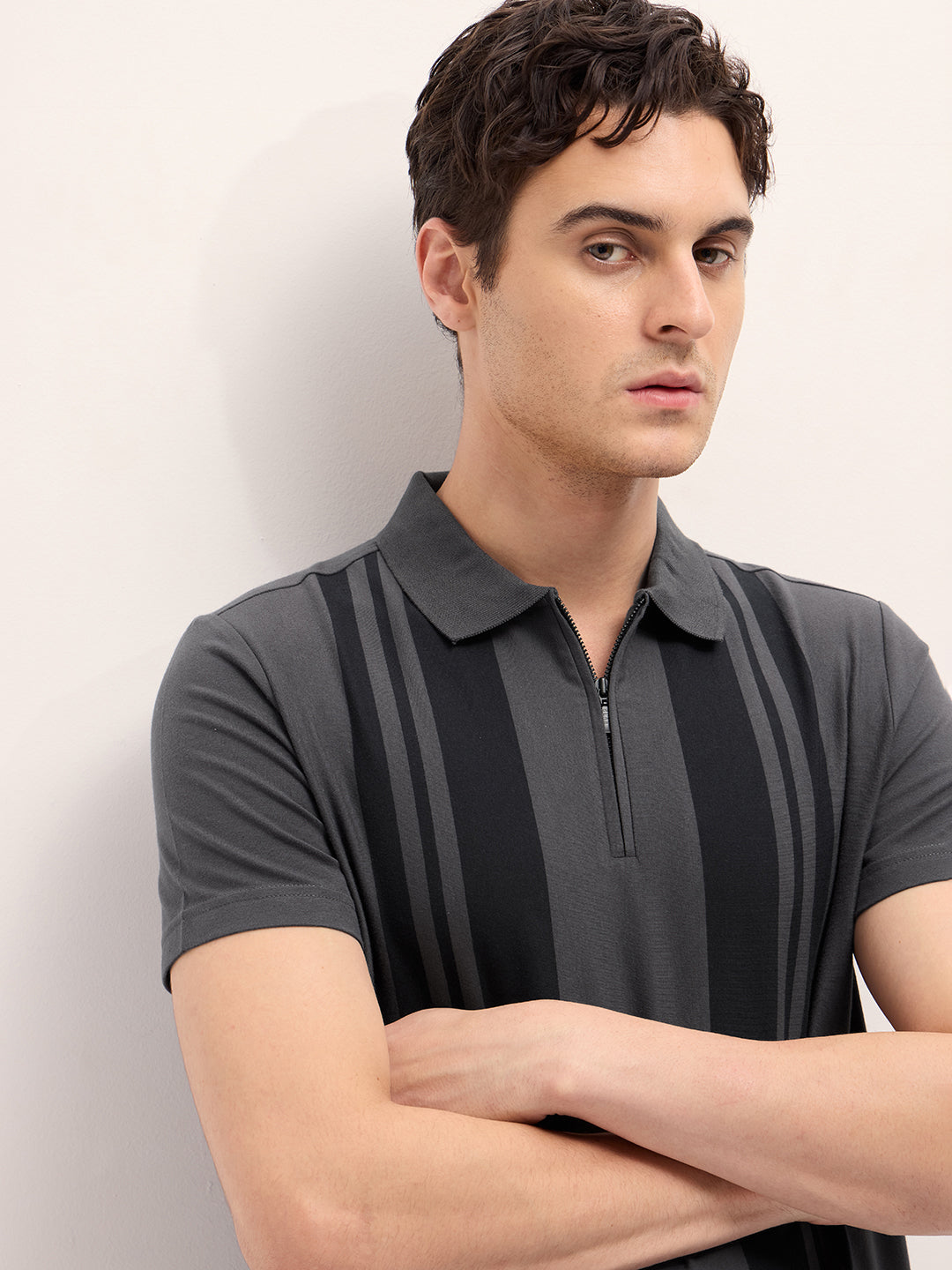 Men Grey Stripe Design Regular Fit Polo