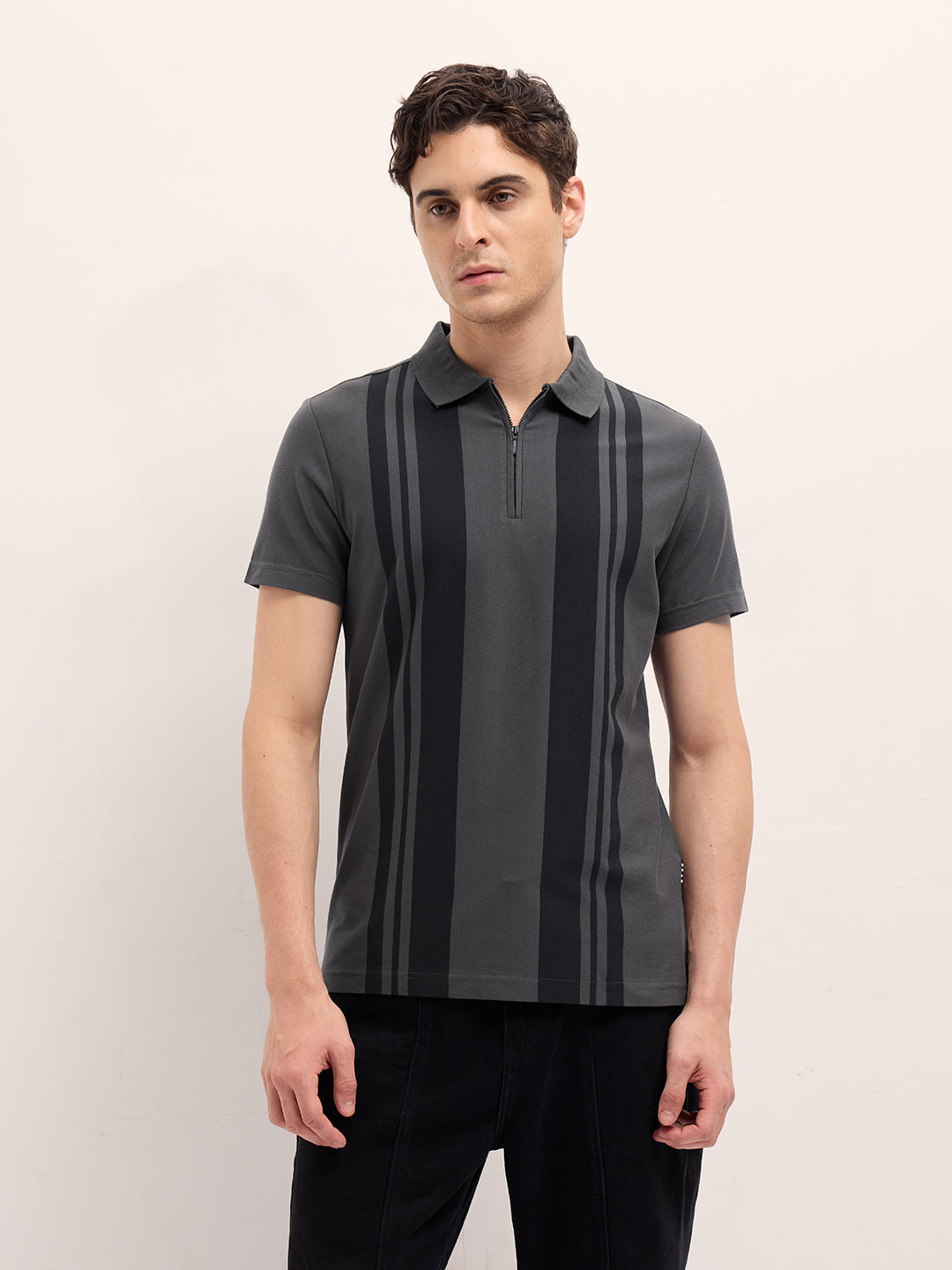 Men Grey Stripe Design Regular Fit Polo