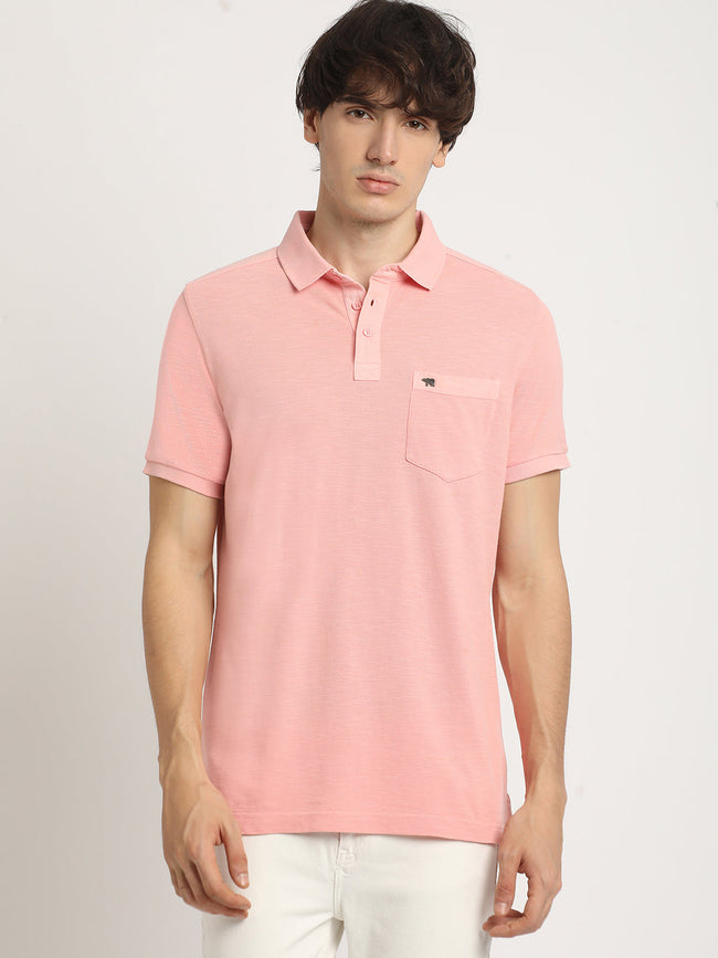Men Peach Solid Regular Fit Polo Collar Tshirt