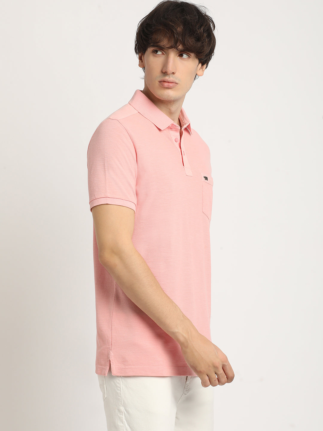 Men Peach Solid Regular Fit Polo Collar Tshirt