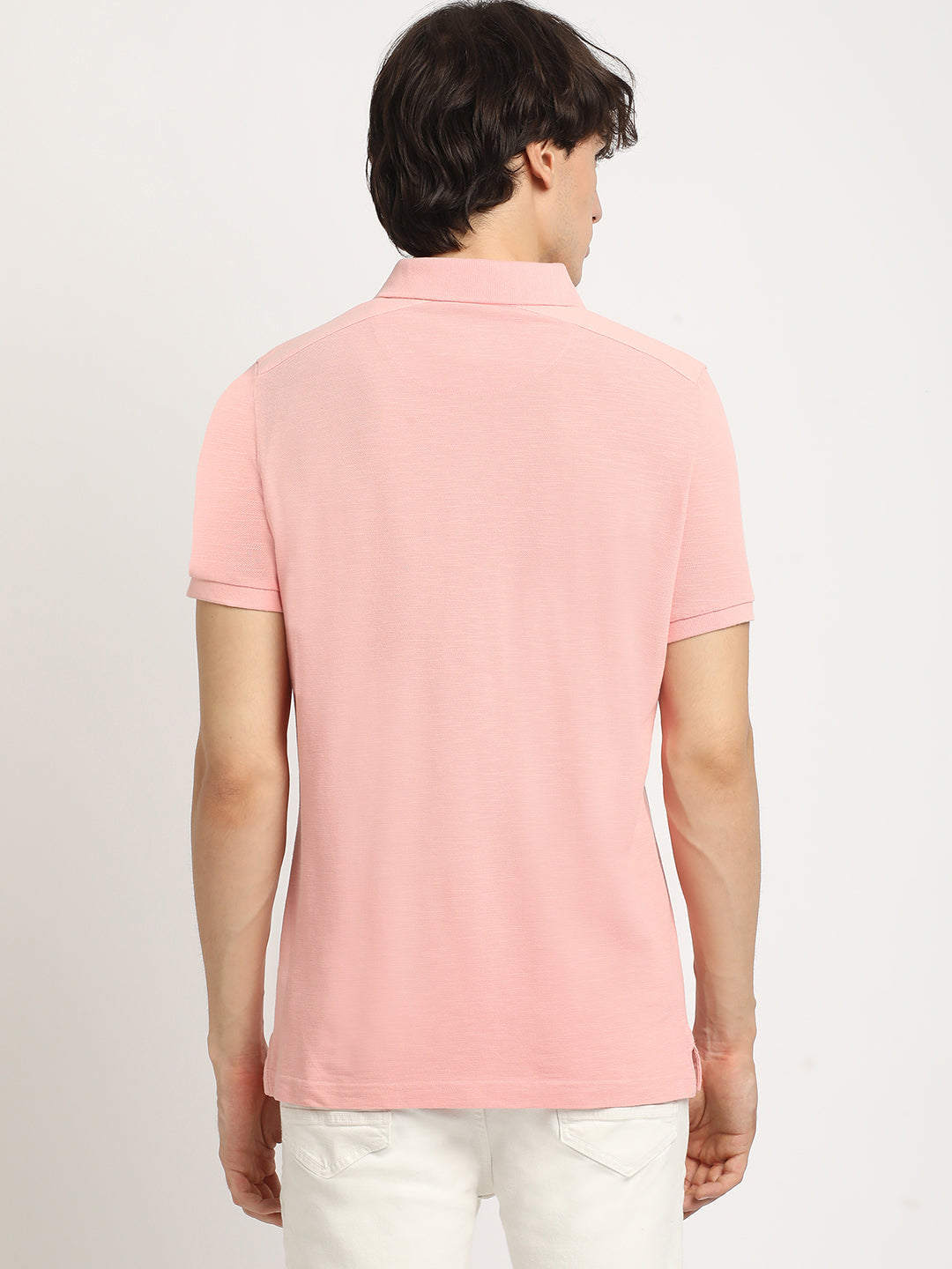 Men Peach Solid Regular Fit Polo Collar Tshirt