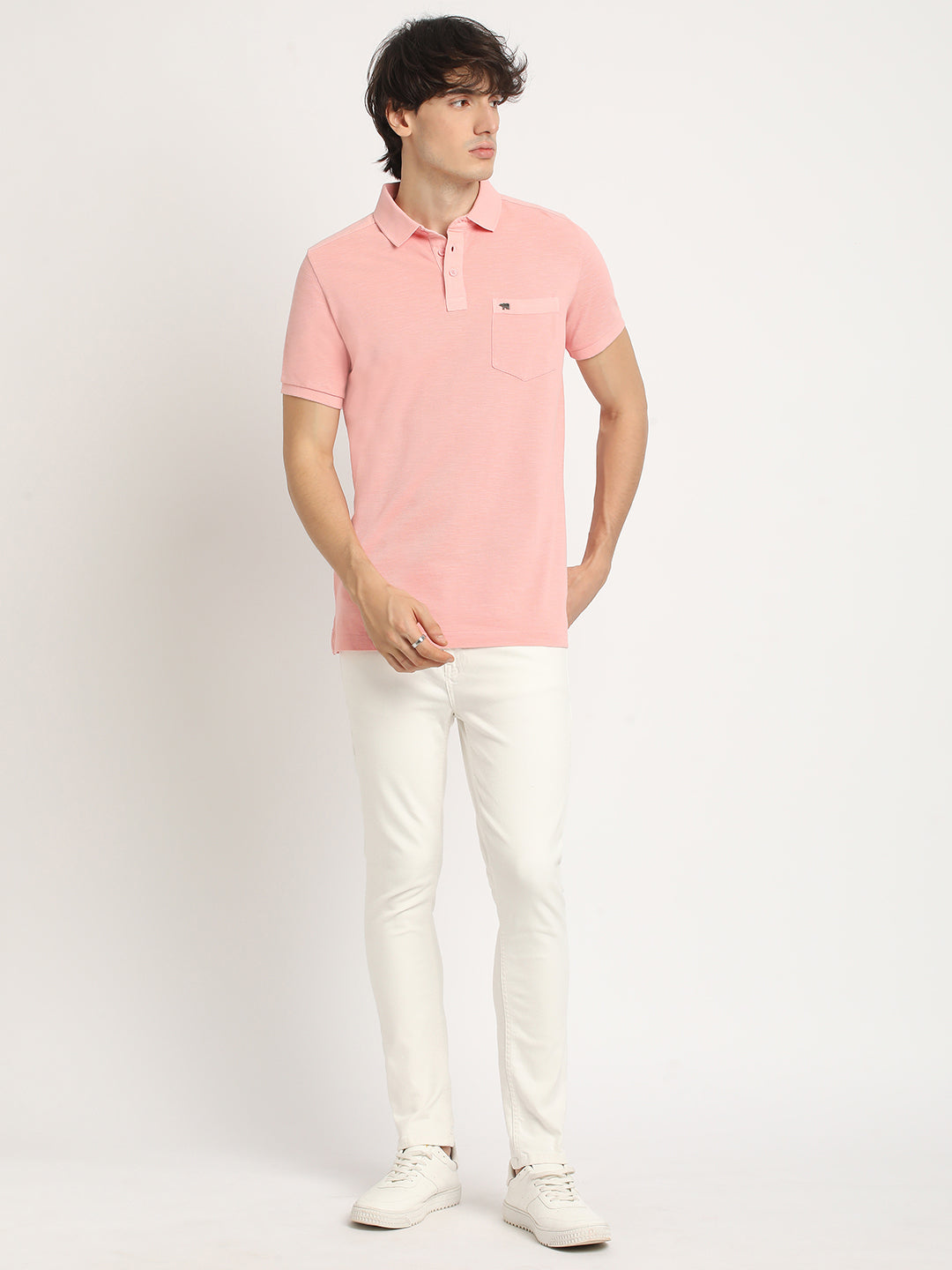 Men Peach Solid Regular Fit Polo Collar Tshirt