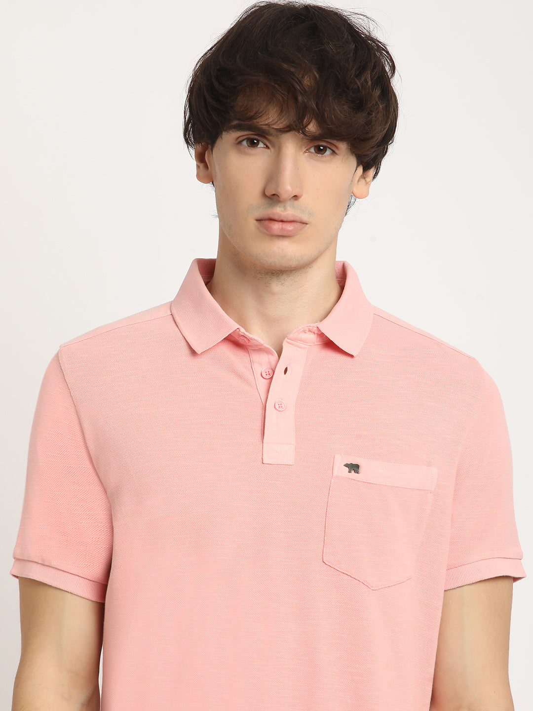 Men Peach Solid Regular Fit Polo Collar Tshirt