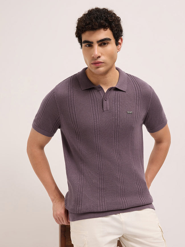 Men Purple Self Design Cotton T-Shirt