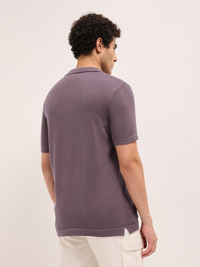 Men Purple Self Design Cotton T-Shirt